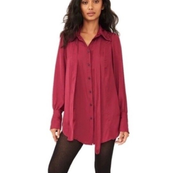 Free People Lala Solid Blouse By Off Beat Burgundy Button Down Blouse Bow Small - Picture 2 of 16